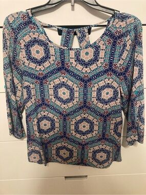 Copper Key Blue and Cream Geometric Long Sleeve Top